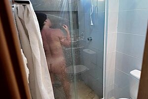 stepmom stares at my throbbing cock in shower, her hairy pussy drips