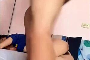 chinese couple fucks doggystyle hard in homemade bedroom creampie