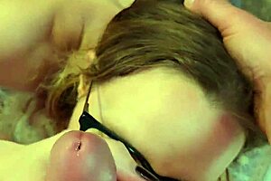 NERDY MILF GAGS ON COCK KNEELING DEEPTHROAT CHOKING