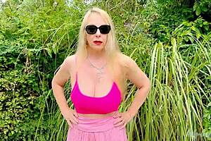 Lady Lucy's Busty Blonde Tease Flashes Outdoor Cock in Stockings!