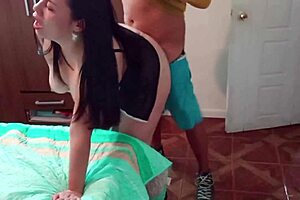 Stepson spots stepmom bending over bed then rams big black cock deep in ass closeup