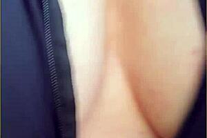 dig this wife's huge tits spilling out her tight shirt flashing outdoors?