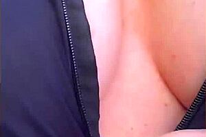 dig this wife's huge tits spilling out her tight shirt flashing outdoors?