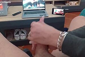 Milf's Hands Stroke Huge Cock! Cum Covers Her Completely!