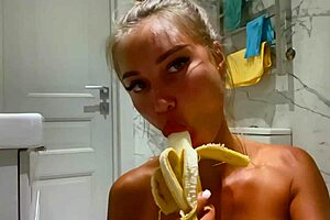 Monika Foxxx fingers shaved pussy then rams banana deep in bathroom solo