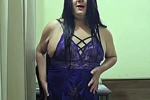 Shemale Monica M teases her small cock in teddy lingerie