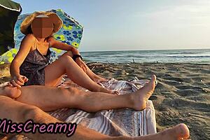 French Teacher Deepthroats Huge Cock on Nudist Beach for Voyeur Cumshot
