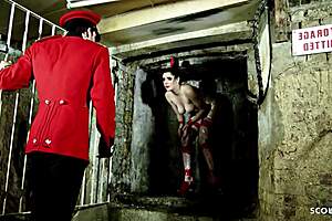 bushy pussy saggy tits girl endures HARD prison bdsm roleplay cowgirl cum