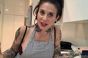 Big Boobs MILF Joanna Angel Dildos Her Stockinged Pussy in Kitchen.