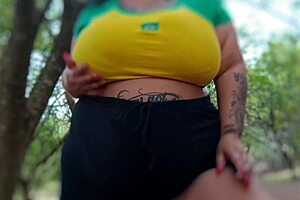 bbw brazilian mary jhuana masturbates huge saggy tits in park voyeur
