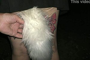 public beach walk flashing bright tail buttplug to strangers
