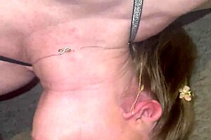 Blonde stepmom's mouth fucked deep then pussy jumped on wet bedroom