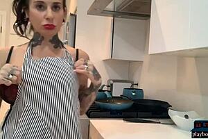 Big Boobs MILF Joanna Angel Dildos Her Stockinged Pussy in Kitchen.