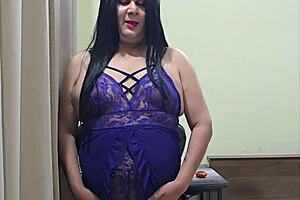 Shemale Monica M teases her small cock in teddy lingerie