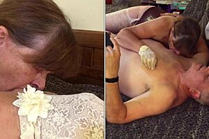 Granny Norma Jean gloved up sucking cock like old Hollywood slut closeup