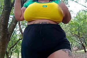 bbw brazilian mary jhuana masturbates huge saggy tits in park voyeur