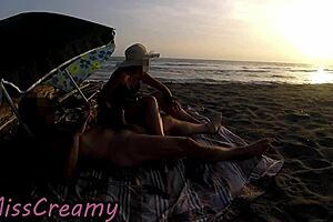 French Teacher Deepthroats Huge Cock on Nudist Beach for Voyeur Cumshot
