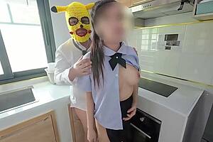 thai schoolgirl rides cock in kitchen door open for neighbors to see?