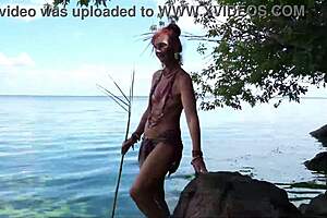 Topless babe spears fish with hidden harpoon thrills