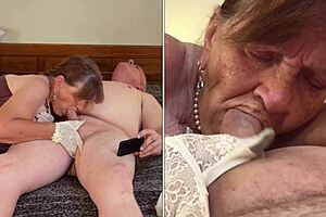 Granny Norma Jean gloved up sucking cock like old Hollywood slut closeup