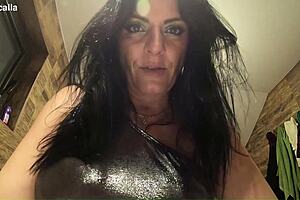Watch Her Rip Shiny Nylon Jumpsuit For Bathroom Cum Cleanup Pee Dancing!