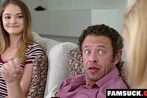 Stepdaughter pounds stepdad hard while stepmom watches