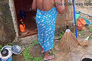 Hottest Desi Stepmom Bathes Outside with Big Natural Tits Tease