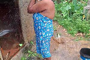 Hottest Desi Stepmom Bathes Outside with Big Natural Tits Tease