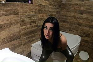 Watch Her Rip Shiny Nylon Jumpsuit For Bathroom Cum Cleanup Pee Dancing!