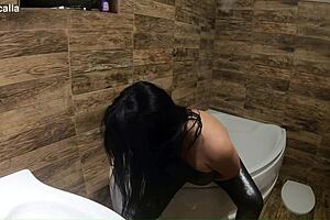 Watch Her Rip Shiny Nylon Jumpsuit For Bathroom Cum Cleanup Pee Dancing!