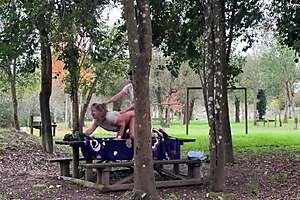Stepmom sneaks outdoor moans and kisses while getting pounded hard by lover, blue-eyed beauty caught in ecstasy!