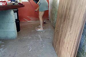 Hot short maid grabs my throbbing penis and rides me hard in the yard while wife is gone