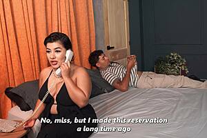 busty latina stepmom shares hotel bed riding skinny stepson cock