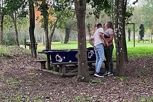 Stepmom sneaks outdoor moans and kisses while getting pounded hard by lover, blue-eyed beauty caught in ecstasy!