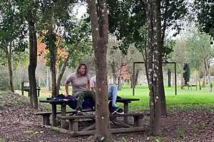 Stepmom sneaks outdoor moans and kisses while getting pounded hard by lover, blue-eyed beauty caught in ecstasy!
