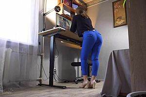 Secretary's tight jeans hide panty tease till ripped off big ass