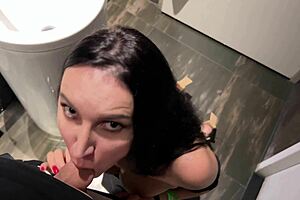 brunette beauty teases then fucks hard in public nightclub with juicy wet pussy