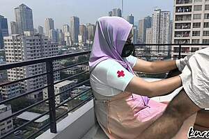 hey nurse babe sneaks off rooftop for wet public blowjob escape 😏👅