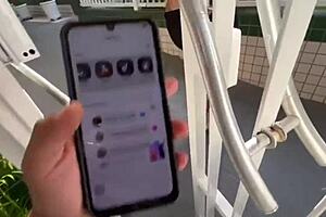 controlling her toy at building entrance after bar teasing flashes big assets