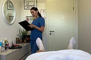 nurse gives oily handjob blowjob milf cums twice on table