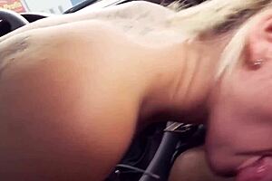 Crazy blonde exhibitionist flashes then fucks publicly in car