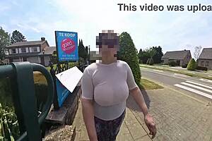 busty milf braless transparent top street flashing saggy naturals!