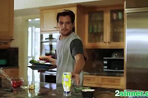 bruntette milf gets slutted out by young stud in kitchen