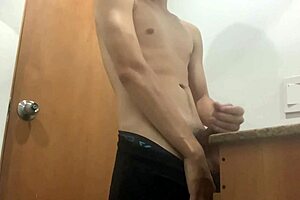 Horny stepmom catches masturbating stepson bathroom handjob