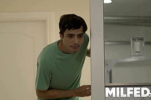 young stud spies on busty milfs bending over in leggings at public gym workout