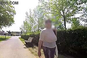 busty milf braless transparent top street flashing saggy naturals!
