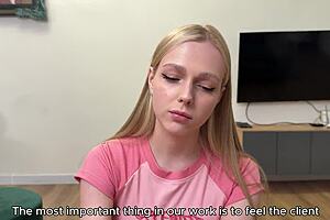 A breasty blonde swallows litre sperm down throat at massage salon!