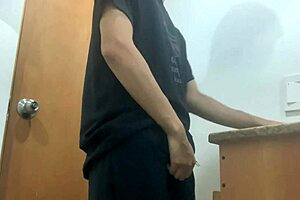 Horny stepmom catches masturbating stepson bathroom handjob