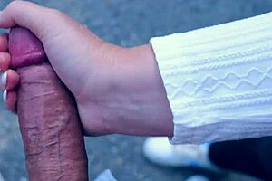 public handjob ends with tit cumshot