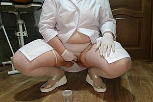Mature curvy nurse collects urine sample after her play